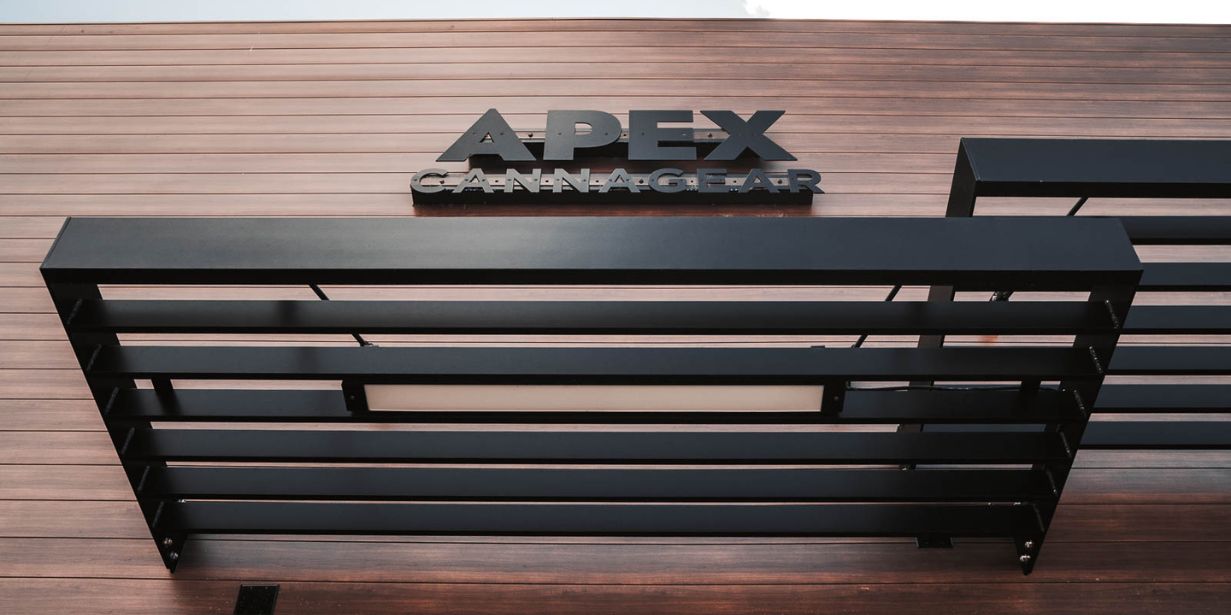 APEX Cannagear Flagship Store Sunshades | Vestis Projects The image shows the APEX Cannagear flagship store with Vestis louvered aluminum sunshades installed above the storefront as part of architectural projects.