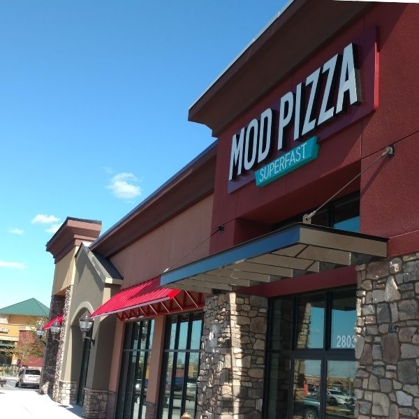 mod pizza restaurant metal awnings