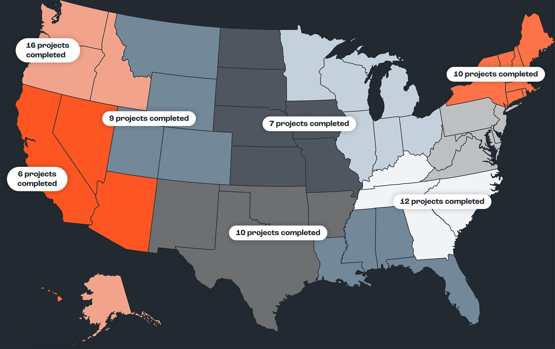 Map The image shows a map of the United States highlighting locations of Vestis architectural projects completed across multiple states.