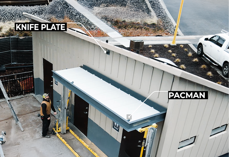 Knife Plate & PacMan Installation Demonstration Facility The image shows a small industrial building with labeled Knife Plate and PacMan installation areas used for demonstrating Vestis architectural product assembly.