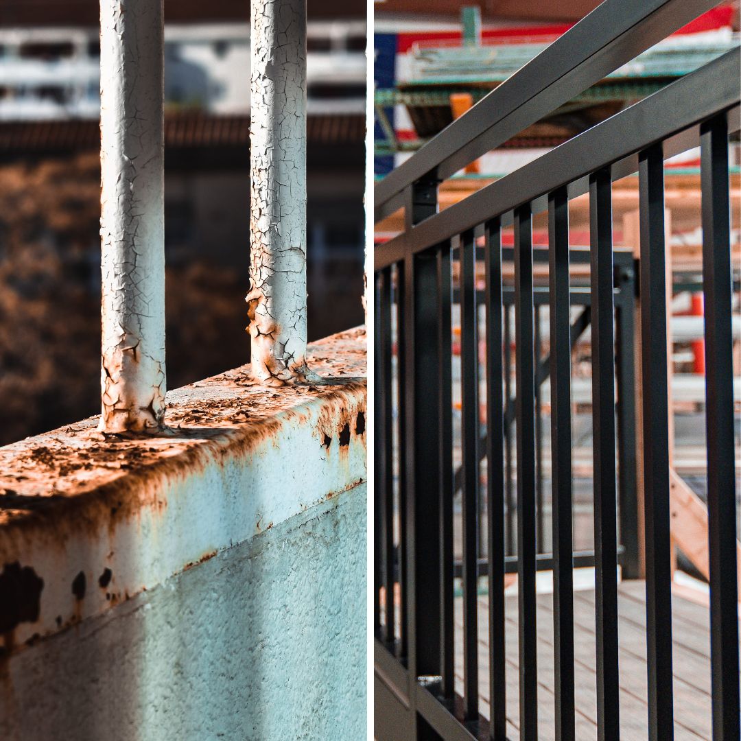 Steel vs Aluminum Balcony a side by side comparison of a steel balcony railing that is showing rust and corrosion then on the right an Aluminum balcony railing that is powder coated and is perfect with corrosion resistance.