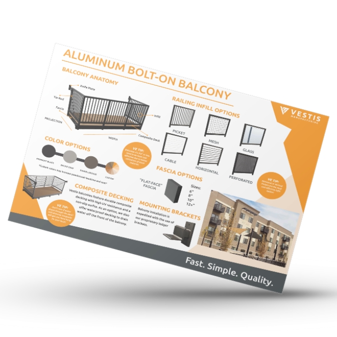 Architectural Basis of Design Sheet for Aluminum Balcony Systems The image shows a printed architectural design sheet featuring diagrams of aluminum bolt-on balcony systems with labeled components, measurements, and installation views.