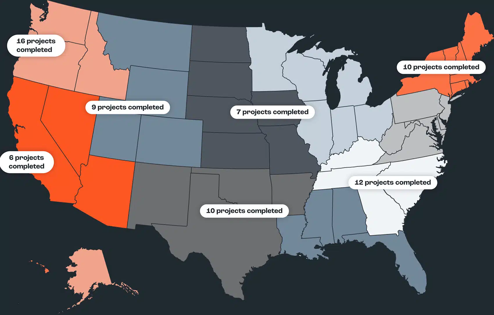 The image shows a map of the United States highlighting locations of Vestis architectural projects completed across multiple states.
